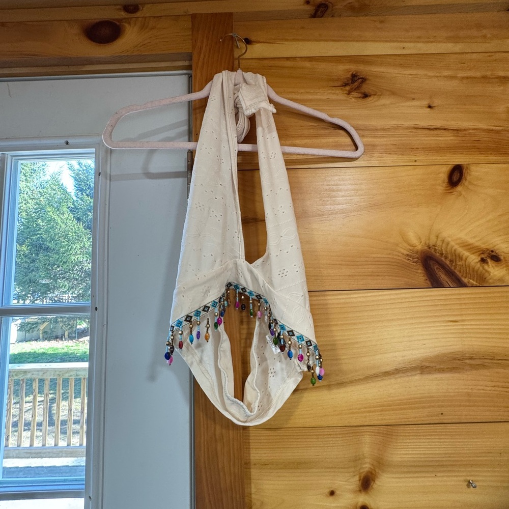 Boho Cream Crop Top Beaded Fringe